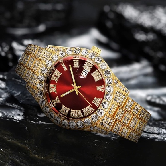 Iced Out Gold Bustdown Watch Red Dial Simulated Diamond Big Face Quartz Unisex